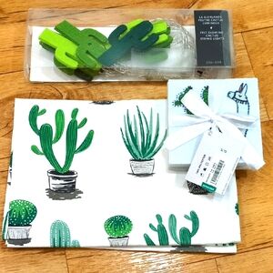 Cactus Print teatowel and String Lights Set with alpaca coasters